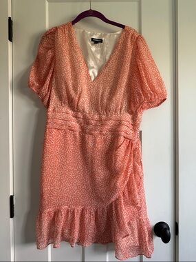 Express Coral-Print V-Neck Puff Sleeve Mini Dress